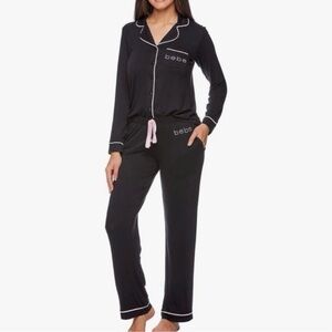 bebe 2 Piece Pajama Top and Bottom Loungewear Set (Black/Pink Trim) NWT Medium